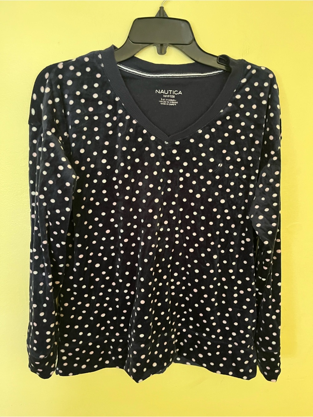 Nautica Navy and White Polka Dot V-Neck Long Sleeve Velour Tee XS
